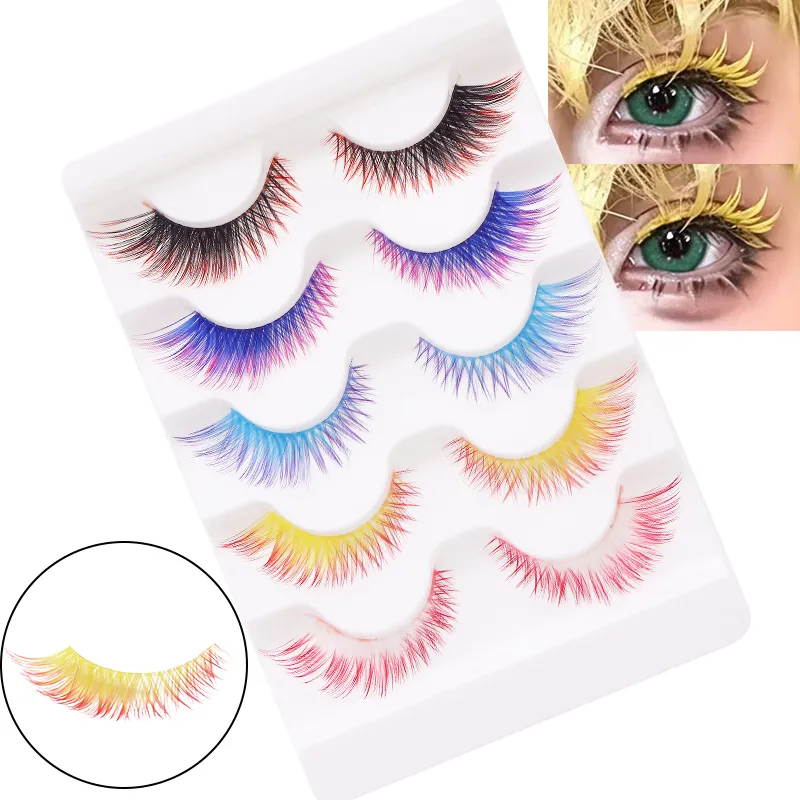 5 Pairs Mix Color Ombre Gradient False Eyelashes 3D Colorful Strip Lashes Handmade Fluffy Colored Eyelashes for Cosplay Makeup