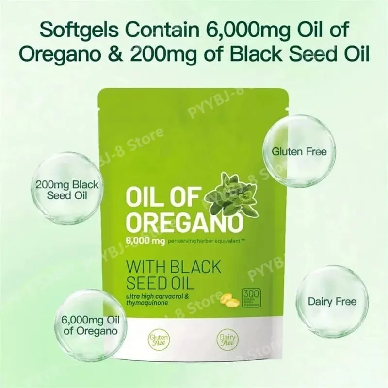 2 in 1 Oil of Oregano Softgels 6000mg with 200mg Black Seed Oil Promote Intestinal Health & Improve Antioxidant Activity 300pcs