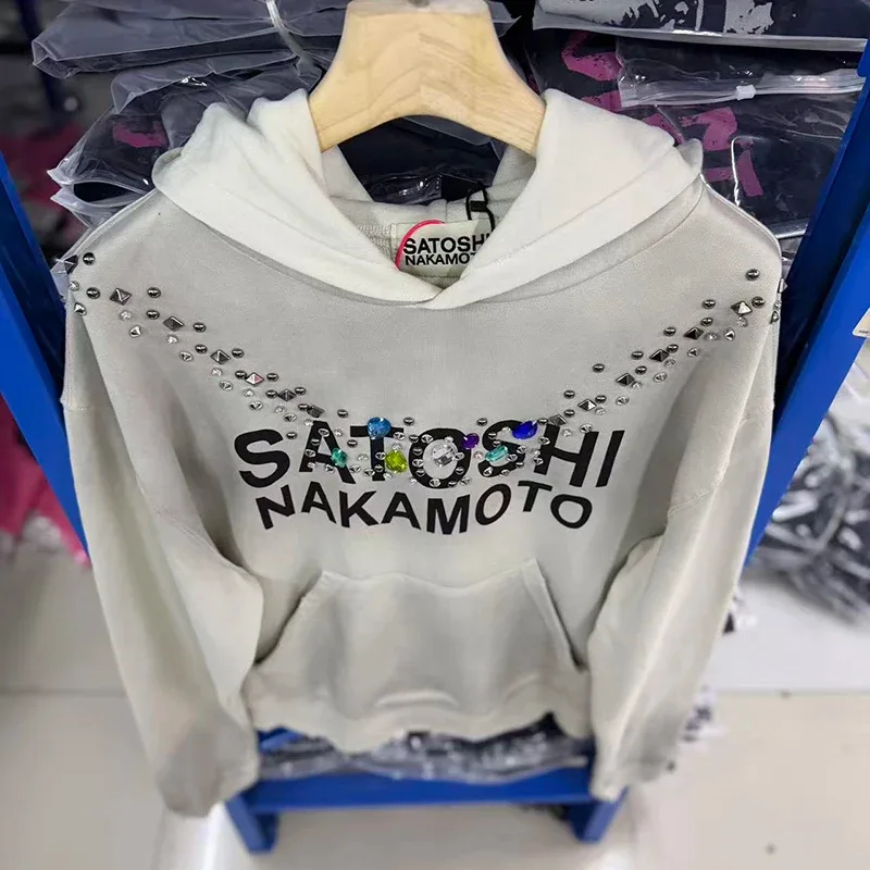 26SS Autumn Winter New Arrival Satoshi Nakamoto Hooded Sweatshirts Destructo Studded Washed Cotton Hooded Unisex Pullover