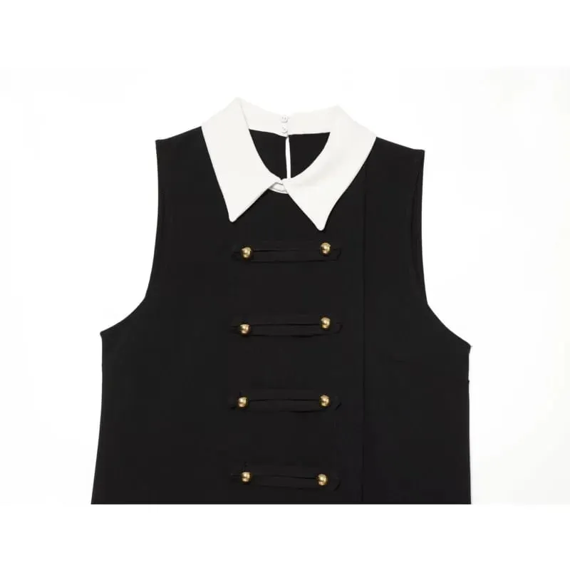 Women's Sleeveless Dress with Contrast Collar New 2026 Autumn Sleeveless Frog Fastening Women's Short Dress Female Mini Dresses
