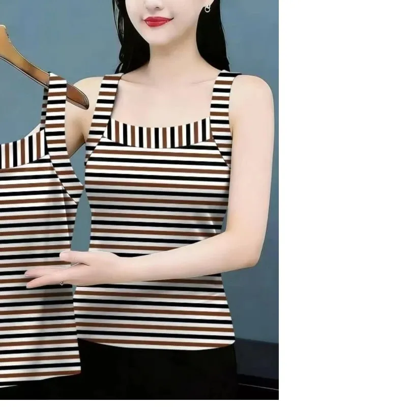 Summer Sleeveless Striped Contrast Patchwork Plus Size Vintage Tops All-match Harajuku T Shirts Fashion Casual Women Clothing