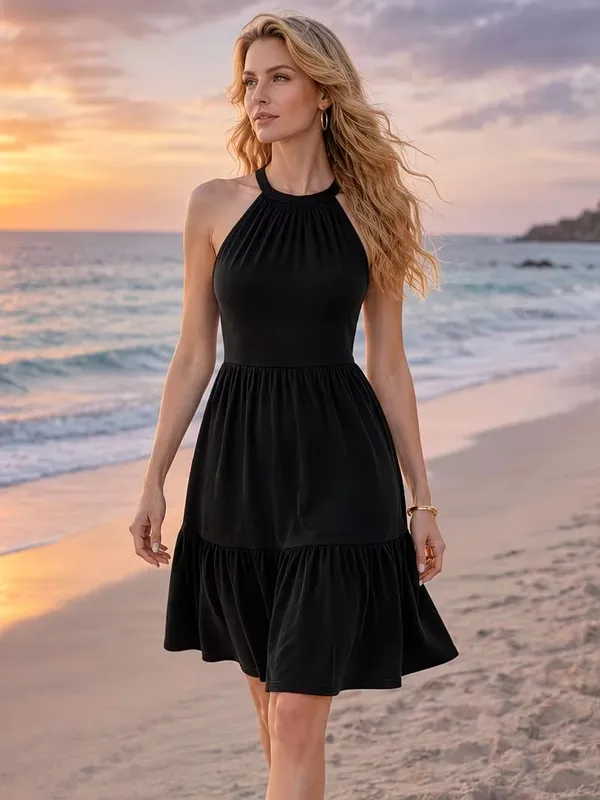 Women Summer Elegant Sleeveless solid color Halter Neck Beach Ruffle Hem Loose Vacation Knee Length Dress