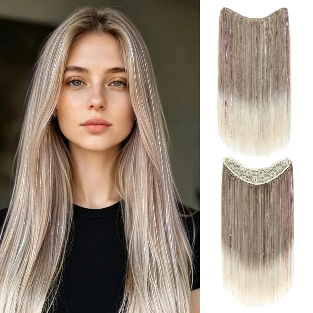 24Inch High‑Temp Fiber Straight Synthetic Long Hair Extensions Mixed Shiny Laser Tinsel Strands Hairpiece Women Party Halloween