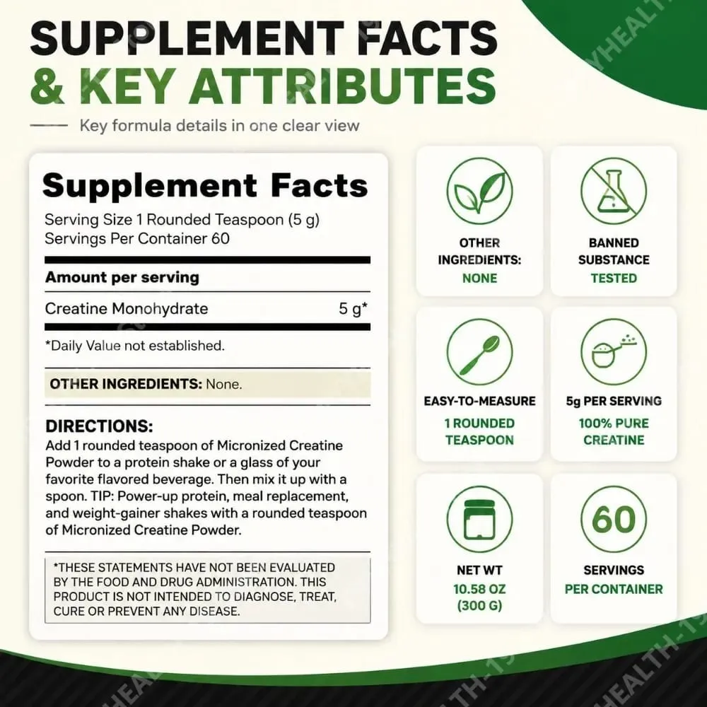 Micronized Creatine Monohydrate Pure & Unflavored Powder for Muscle Building Strength Power & Recovery Support Adults 300g