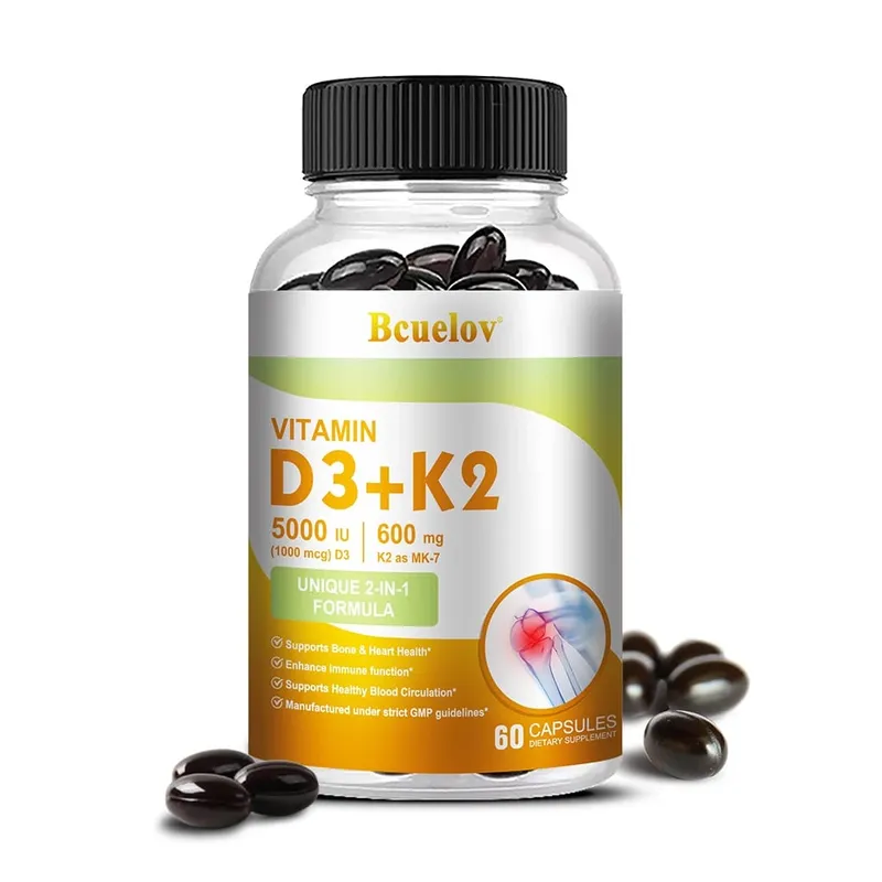 Bcuelov Vitamin D3+K2 5000 IE Vitamin D3 ikke-GMO formel let at sluge vitamin D og K kompleks kosttilskud