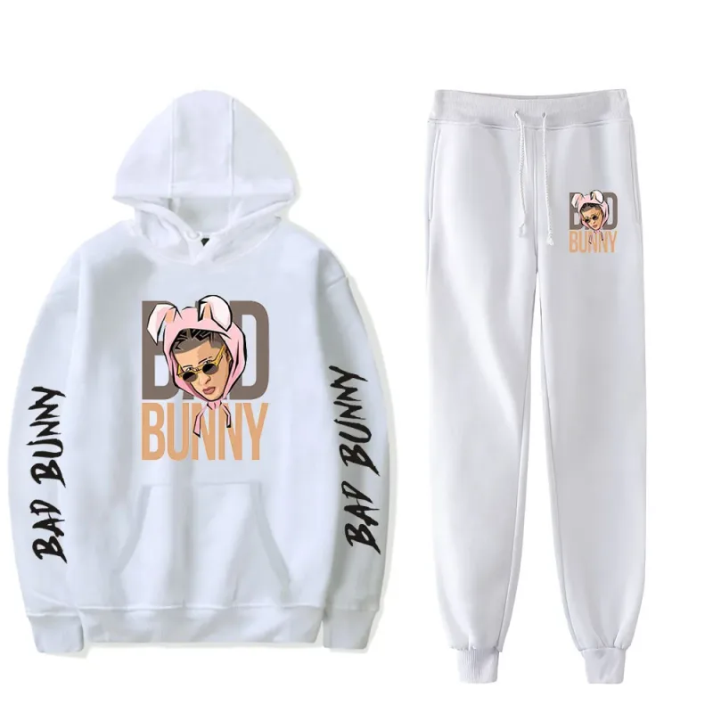 Harajuku Comfortable Funny bad bunny Print Sweatshirt Sweatpants Suit Men/Women Hoodies+ Trousers Suit Cute 2 Piece Set Clothes
