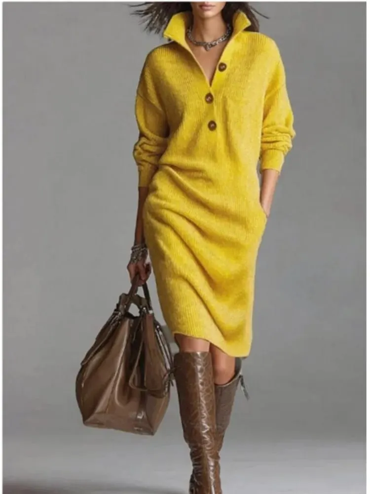 Autumn Fashion Knitted Button Lapel Women Dress Casual Loose Pocket Lazy Straight Over The Knee Long Sleeve Sweater FemaleDress — image 1