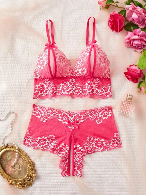 Sexy Lingerie Set Women Lace Bra And Panty See Through Floral Embroidery Bralette Transparent Erotic Underwear Bow Nightwear