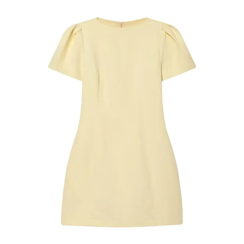 2026 Pleated Short Dresses for Women Yellow Holiday Women's Dresses Elegant Party Dresses Woman Short Sleeve Formal Dress