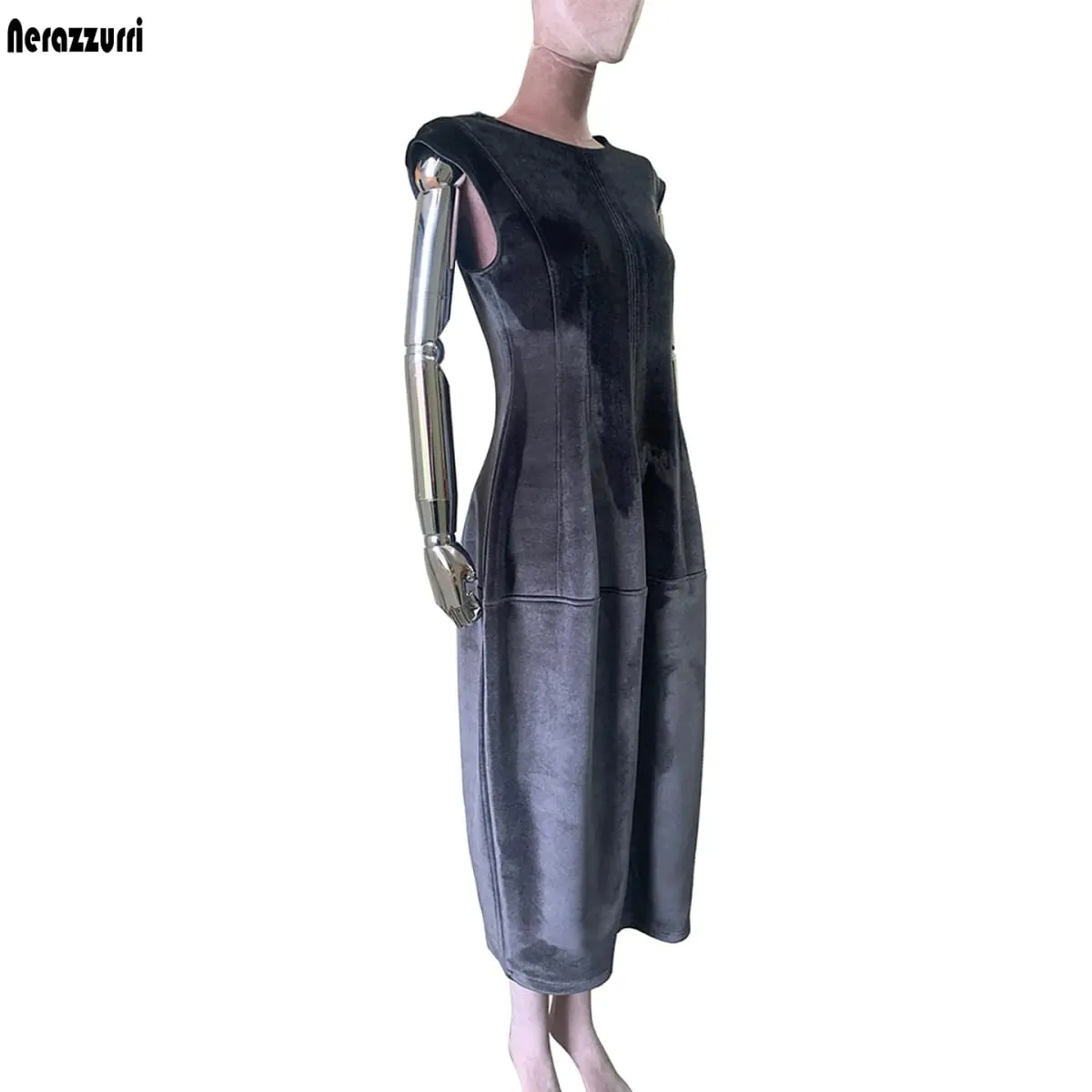 Nerazzurri Summer Autumn Long Luxury Elegant Luxury Fitted Dark Gray Sleeveless Soft Velvet Modest Dresses for Woman High Waist