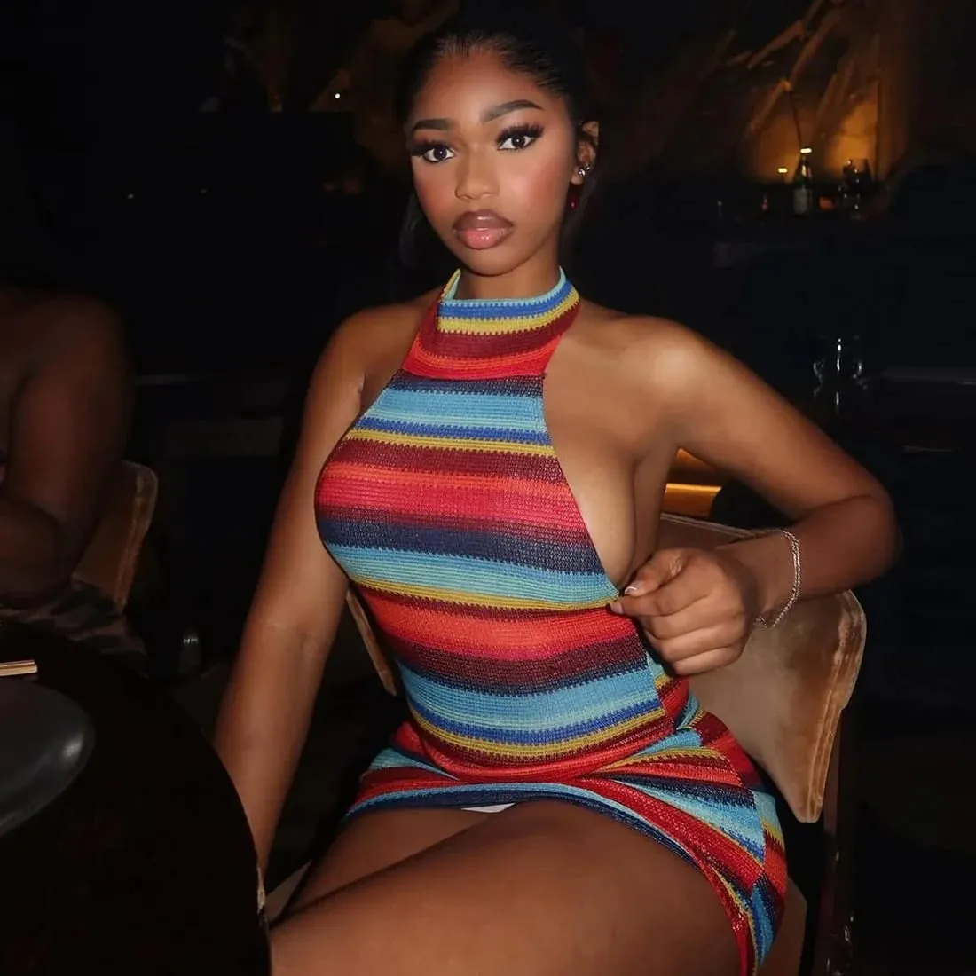 Cryptographic Striped Knit Halter Mini Dress Colorful Contrast Sleeveless Backless Summer Casual Clubwear Bodycon Short Dresses — image 5