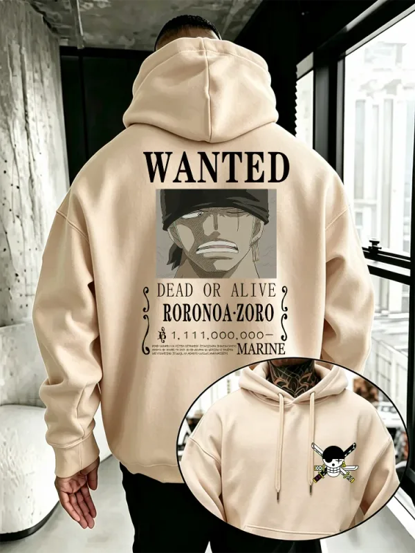 Bandai One Piece Mens Hoodie New Autumn Winter High Quality Warm Pullover Featuring Zoro Wanted Poster Print Casual Style