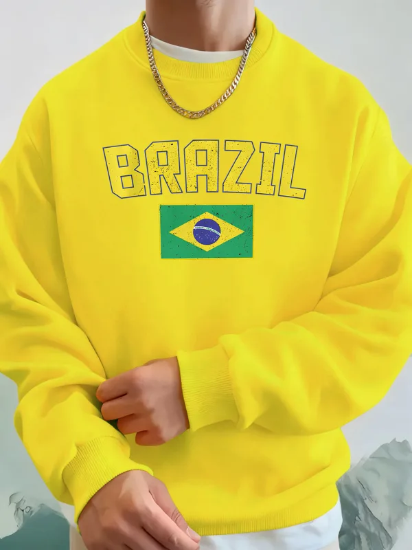 Brazil Letter And Flag Prints Man'S Pocket Streetwear Street Basic Hoody Crewneck Sport Sweatshirts Fleece Trendy Pullovers