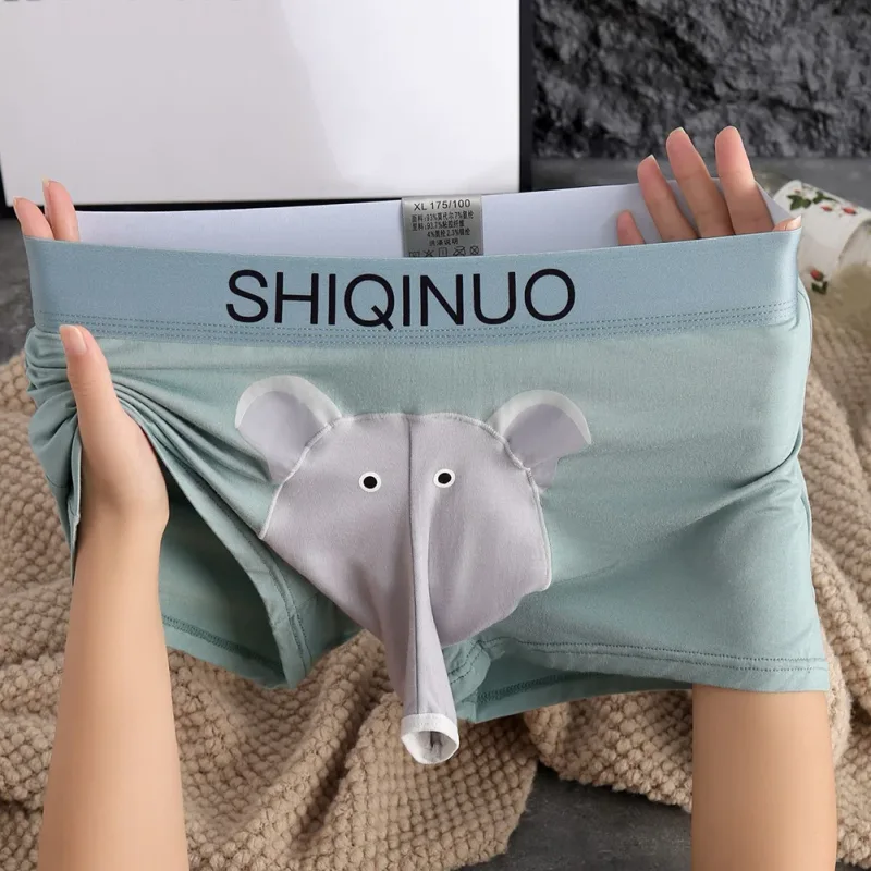Men Cute Elephant Print Boxer Briefs Elastic Letter Waist 3D Pouch Soft Breathable Daily Sleep Home Casual Comfy Underwear Wear