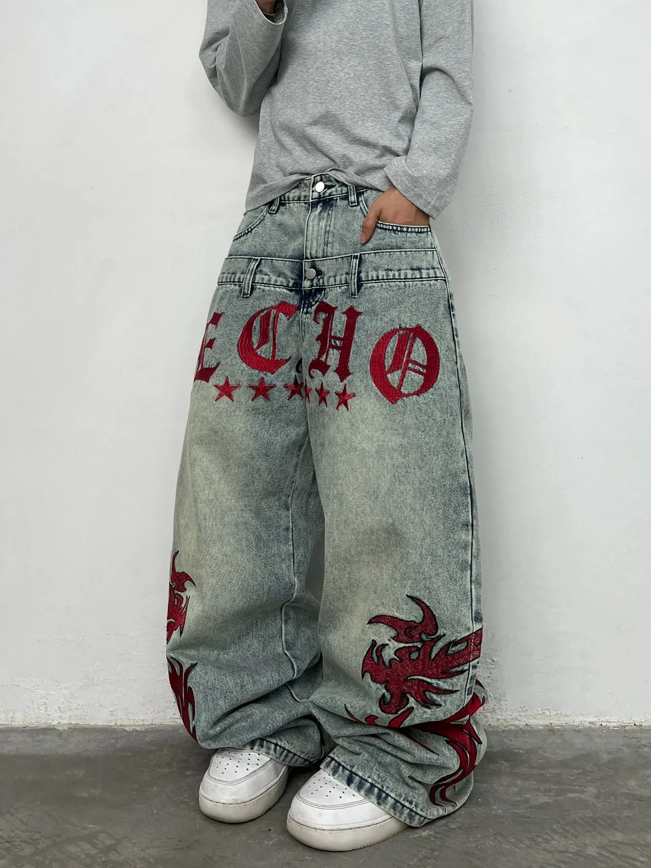 American Vintage Double-Waist Embroidery Design Blue Men's Loose Wide-Leg Jeans Y2K Street Hip-Hop Trendy Versatile Pants