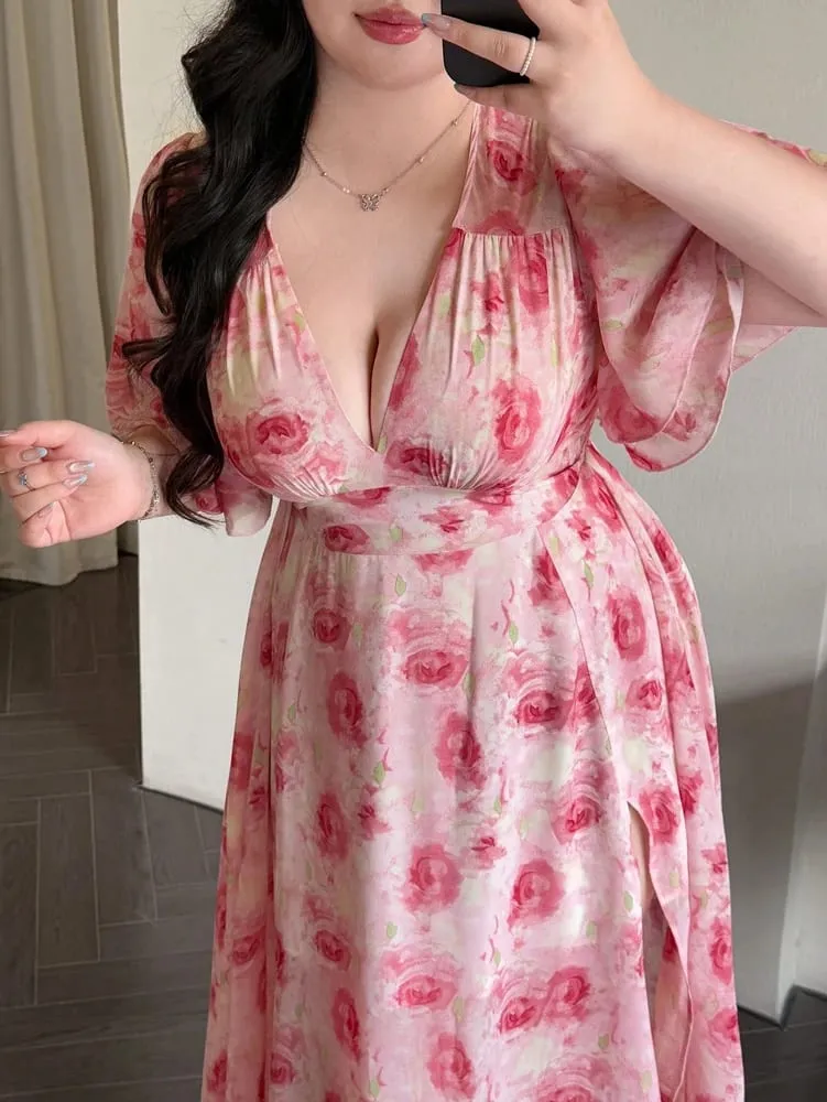 Plus-Size Spring/Summer Romantic Print Fitted Ruffled-Sleeve Slit Maxi Dress—Sweet Everyday Style Perfect for Dates