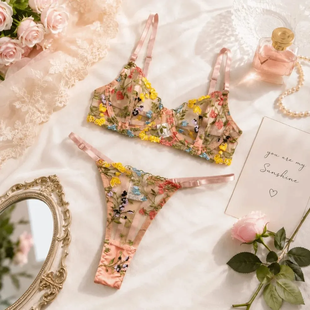 Sheer Intimates Transparent Lingerie Set Push Up Ultra-thin Panties Bra Set Elegant Embroidery Floral Underwear Girl