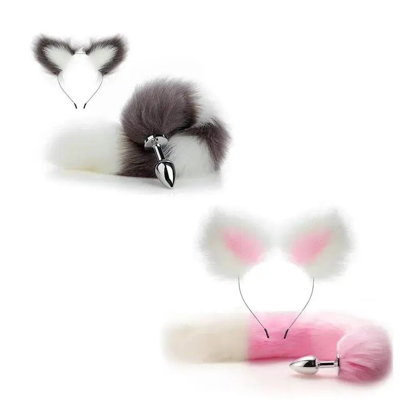 40cm Fox Tail Anal Plug Plush Cat Ears Headbands Set Butt Plug Tail Erotic Cosplay Sex Toys Women Anal Masturbation