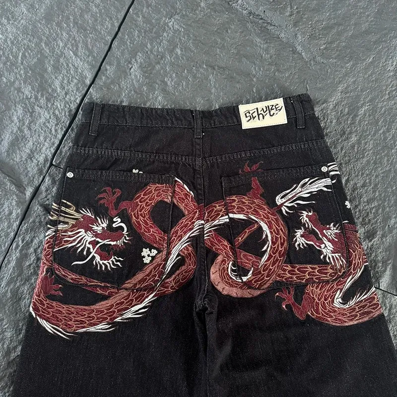 New DERSCHUTZE Unisex Jeans Loose Straight Leg Denim Pants Big Chinese Dragon Embroidery Retro Washed Black Street Trousers