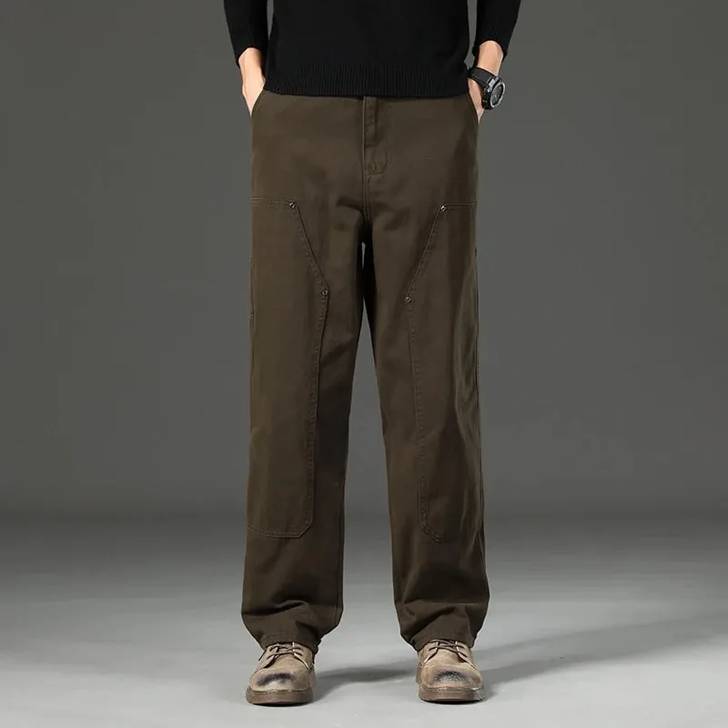 High Quality Spring New Style Straight Loose Men's Casual Pants Rivet Splicing Safari Style Cotton Trousers Army Green Jeans