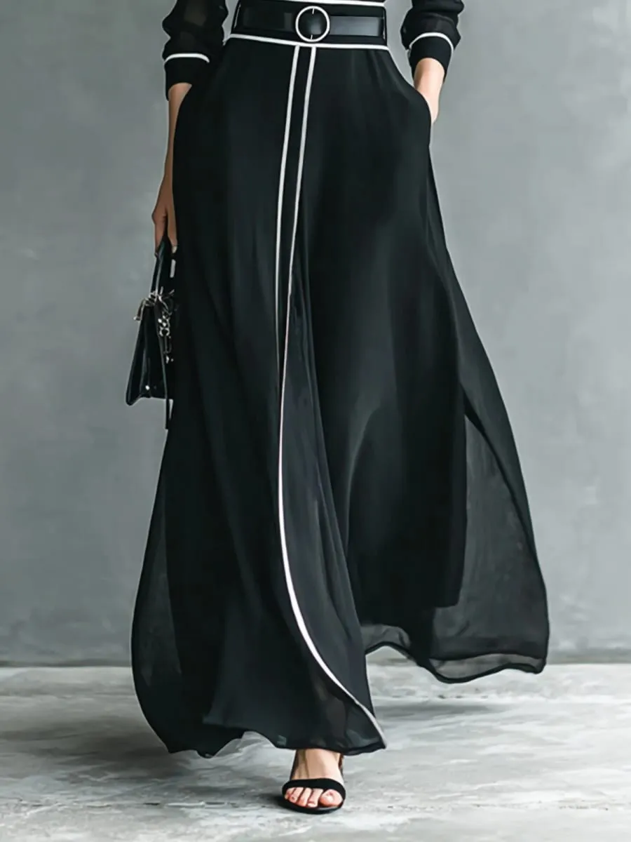 French Elegant Chiffon Maxi Dress High Neck Long Sleeve with White Piping Trim Ideal for Office Business Banquets & Parties — image 4