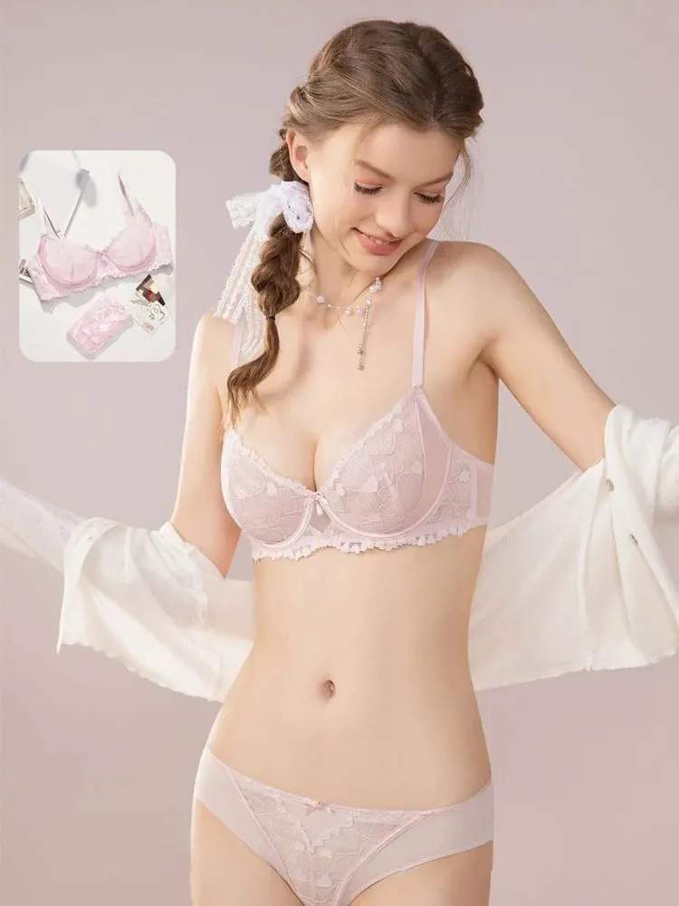 Sexy Pink Lace Sexy Lingerie Set Women Wireless Bra Bralette & Panties Ultra Thin Breathable Summer Teddy Comfort S-3XL MOYISU