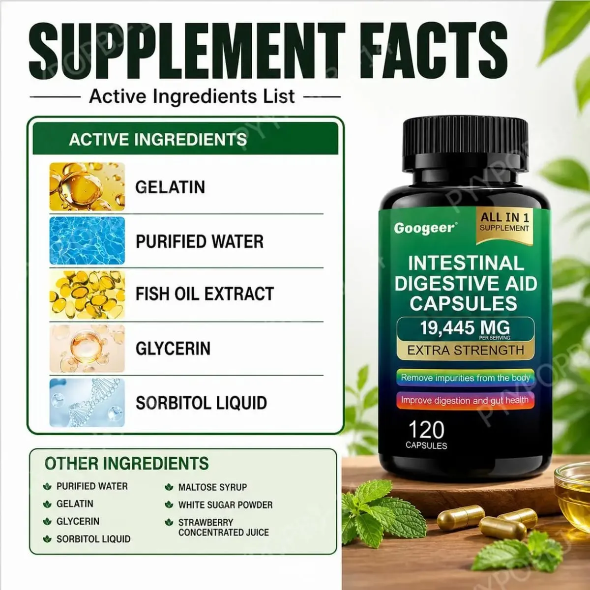 Googeer Intestinal Digestive Aid Capsules Fish Oil Extract Supports Digestion and Gut Health Supports Immunity 120 Capsules — image 2