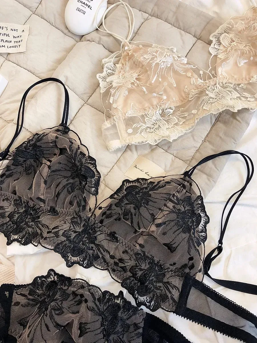 Embroidered Lace Bralette Set Triangle Cup Wireless Bra for Large Breasts Ultra Thin & Breathable Lingerie