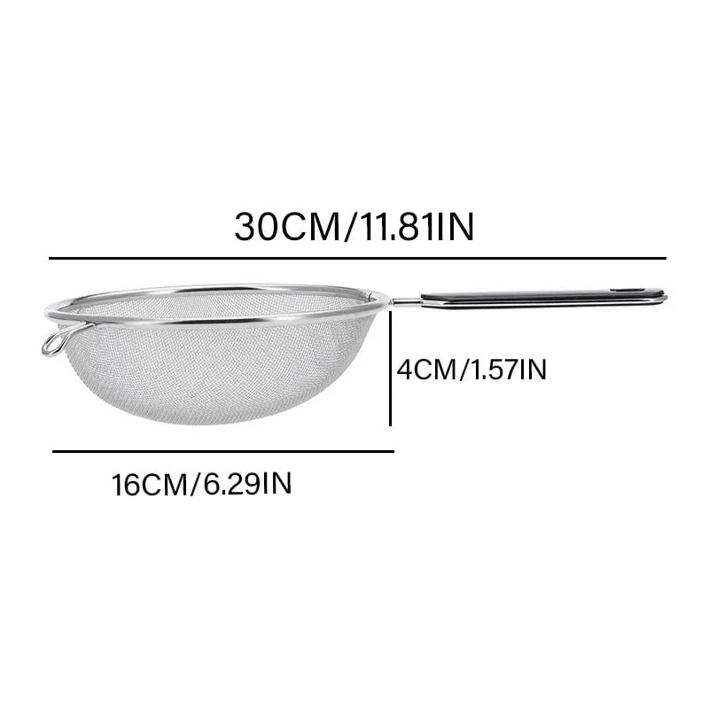 Ergonomic Kitchen Strainer for Christmas Recipes - 12 Inch with Non-Slip Handle & Hook Sturdy Fine Mesh for Draining and Rinsing