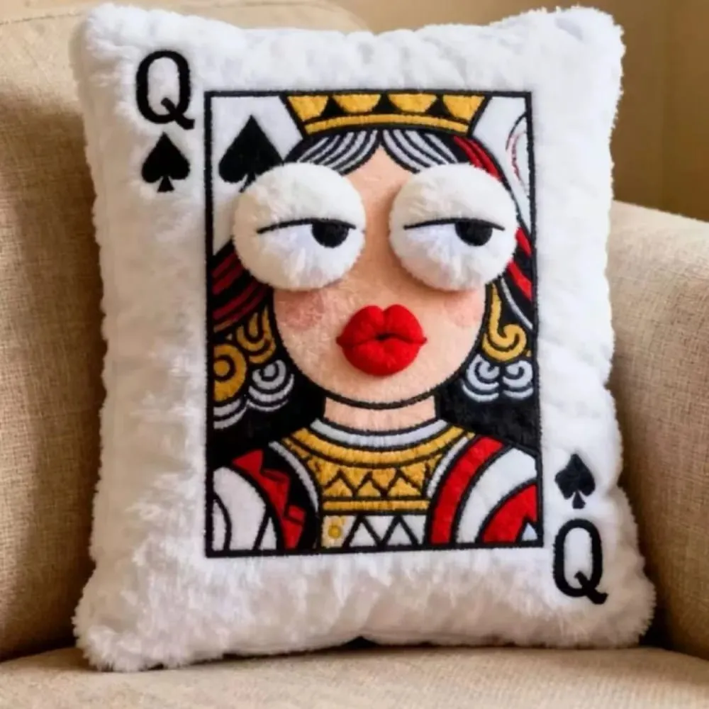 Patchwork Style Poker Card Cushion 3D Big Eyes High-Value Design Embroidered Pillow Card Game Theme Patchwork Pillow Gift Giving