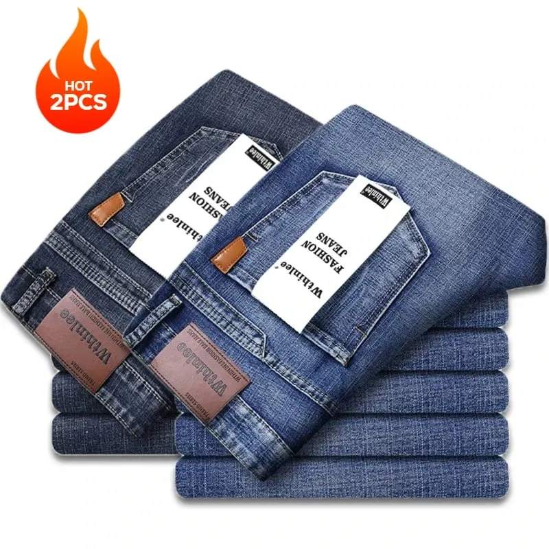 2-piece Set 2025 New WhinLEE Black and Blue Business Elite Jeans Micro Elastic Straightleg Multicraft High-quality Denim Pants — image 2