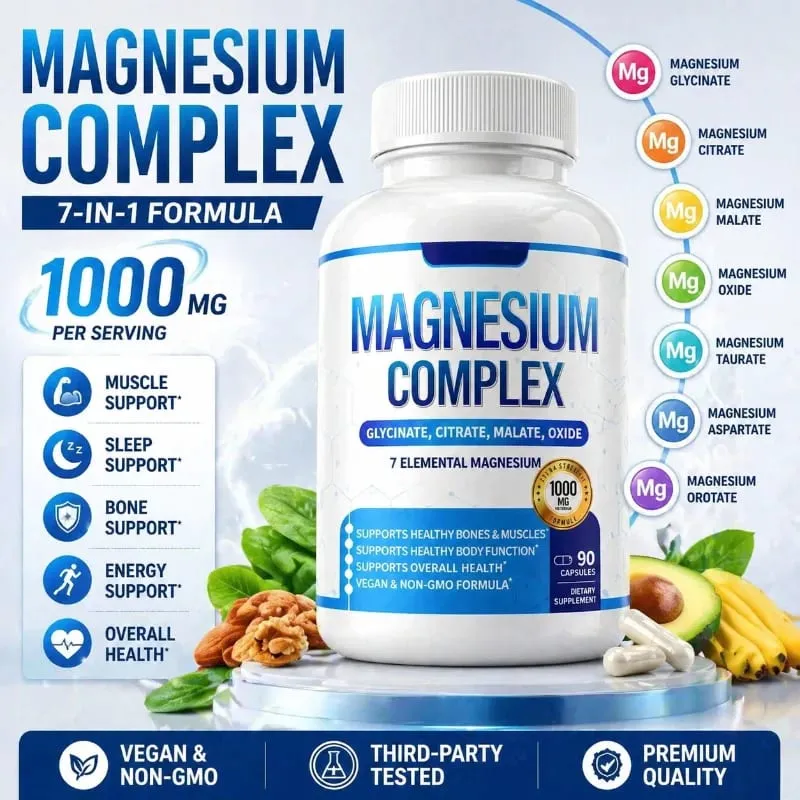 Supplément de magnésium 1000 mg complexe 7 en 1 avec glycinate citrate malate taurate soutient la relaxation musculaire soutien au sommeil 90 Ct