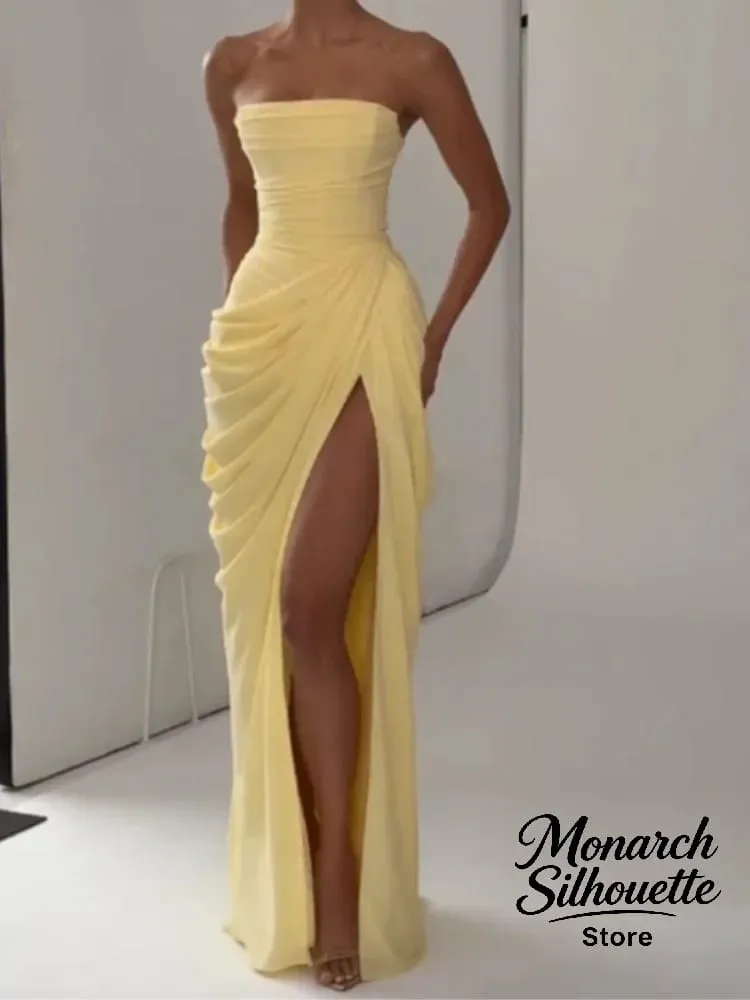 Elegant Yellow Strapless Pleated Long Dress Women Chic Solid Sleeveless Waist Cinching Split Gown 2026 Lady Evening Party Robes — image 7