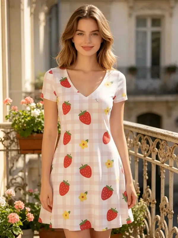 Floral Print Womens V Neck Short Sleeve A Line Dress Relaxed Summer Everyday Dress for Everyday Wear Holidays Travel and Parties