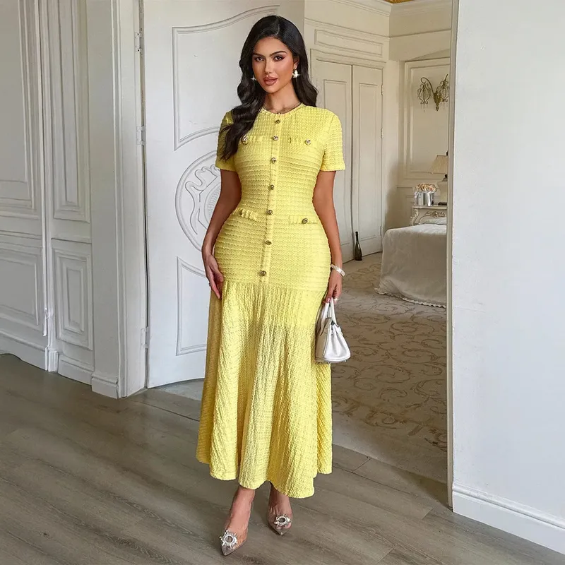 Women's Solid Color Midi Dress Short Sleeve Gold Button Decorated Fitted Flared Hem Gown Elegant Retro Outfit Dating & Parties