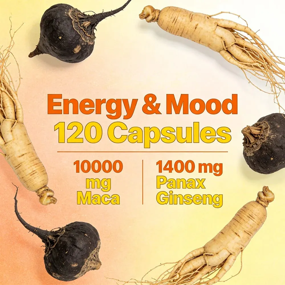 Maca Root Capsules with Ginseng - Promote Energy Mood Stamina & Performance Supports Mental Health for Men and Women