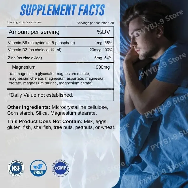 Komplexní doplněk hořčíku 7 s glycinát citrát malát chelát zinek vitamín D3 B6 pro úlevu svalů při spánku 60 tobolek