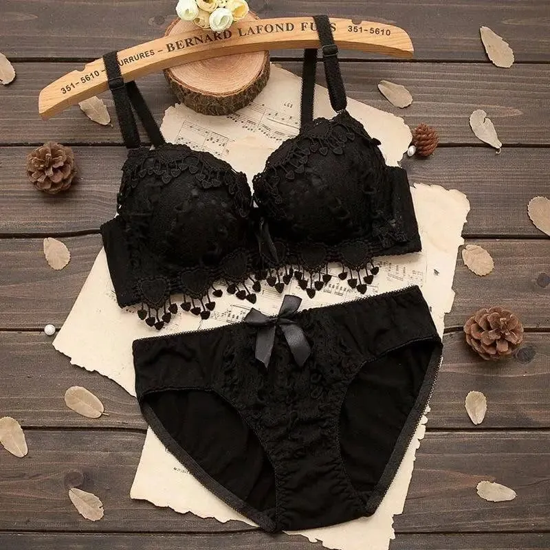 Women Lingerie Set Underwire Tassel Lace Push‑Up Bra With Removable Pads Bow Soft Multi‑Color Comfort Ladies Intimate Underwear