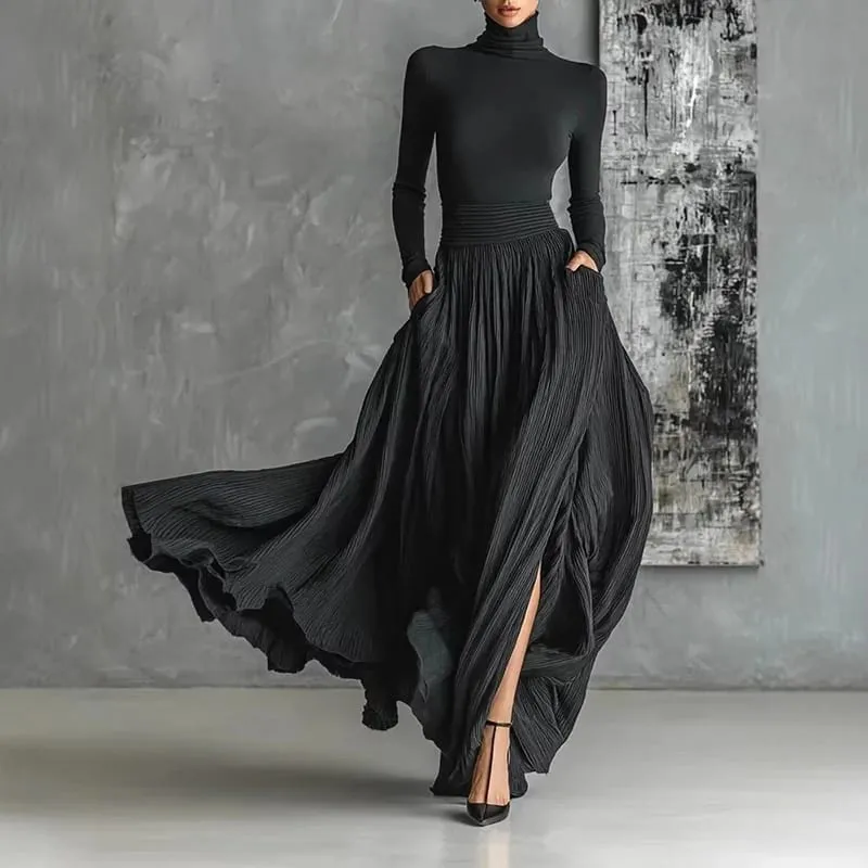 Set Skirt Dua Helai Anggun Perancis untuk Poket Wanita Labuh Berbelah Minimalis Pejal Garisan Berlipat Sut Slim Turtleneck Vintage