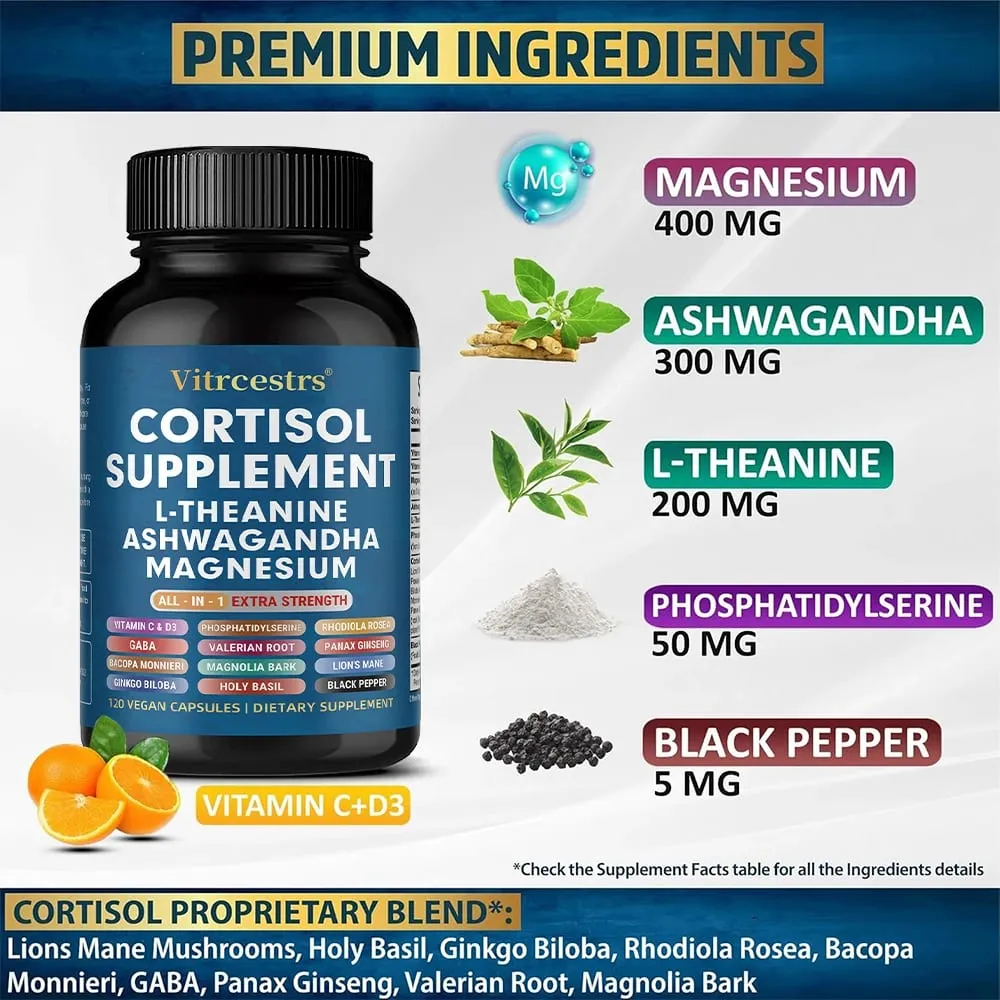 Cortisol Support Supplement - Magnesium Supports Stress Relief Calm Mood Relaxation Restful Sleep Focus & Adrenal Health