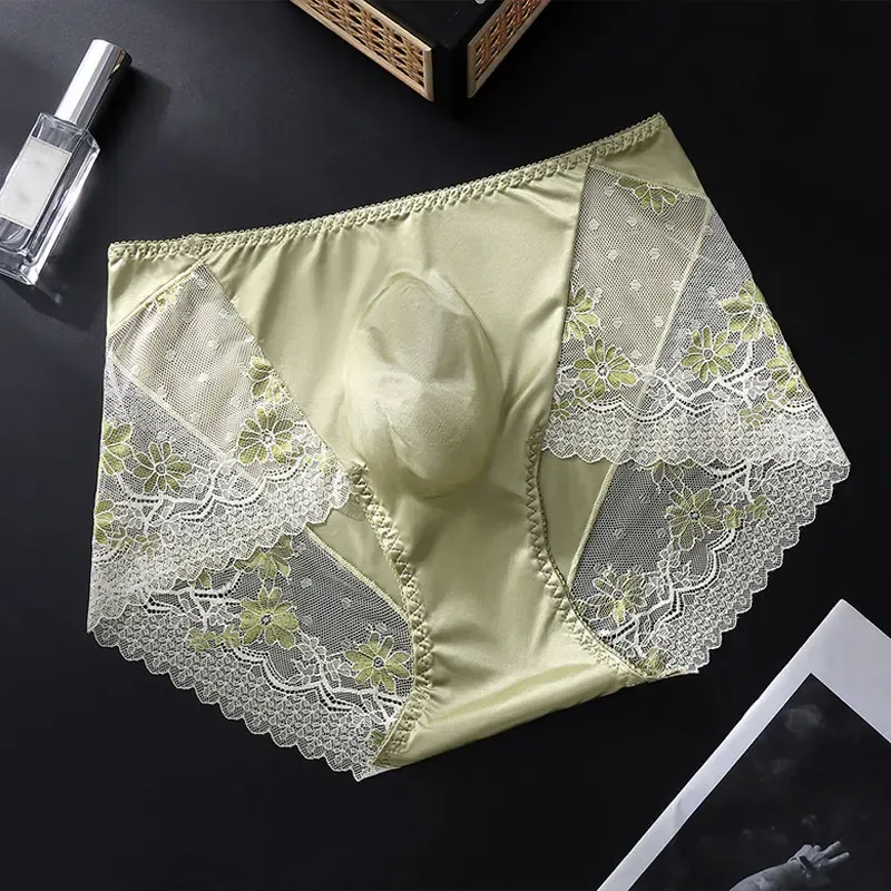 Men Satin Ice Silk Triangle Underwear 3D Pouch Low‑Waist Briefs Side Lace Breathable Soft Sexy Male Plus Size Intimate Shorts