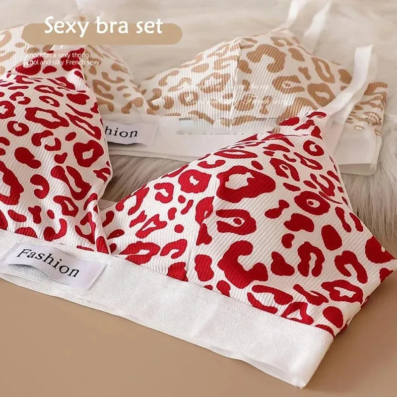 Women Seamless Bra Set Sexy Lingerie Low Waist Panties Leopard Bralette Set Vneck Sport Brassiere Female Cotton Underwear Set