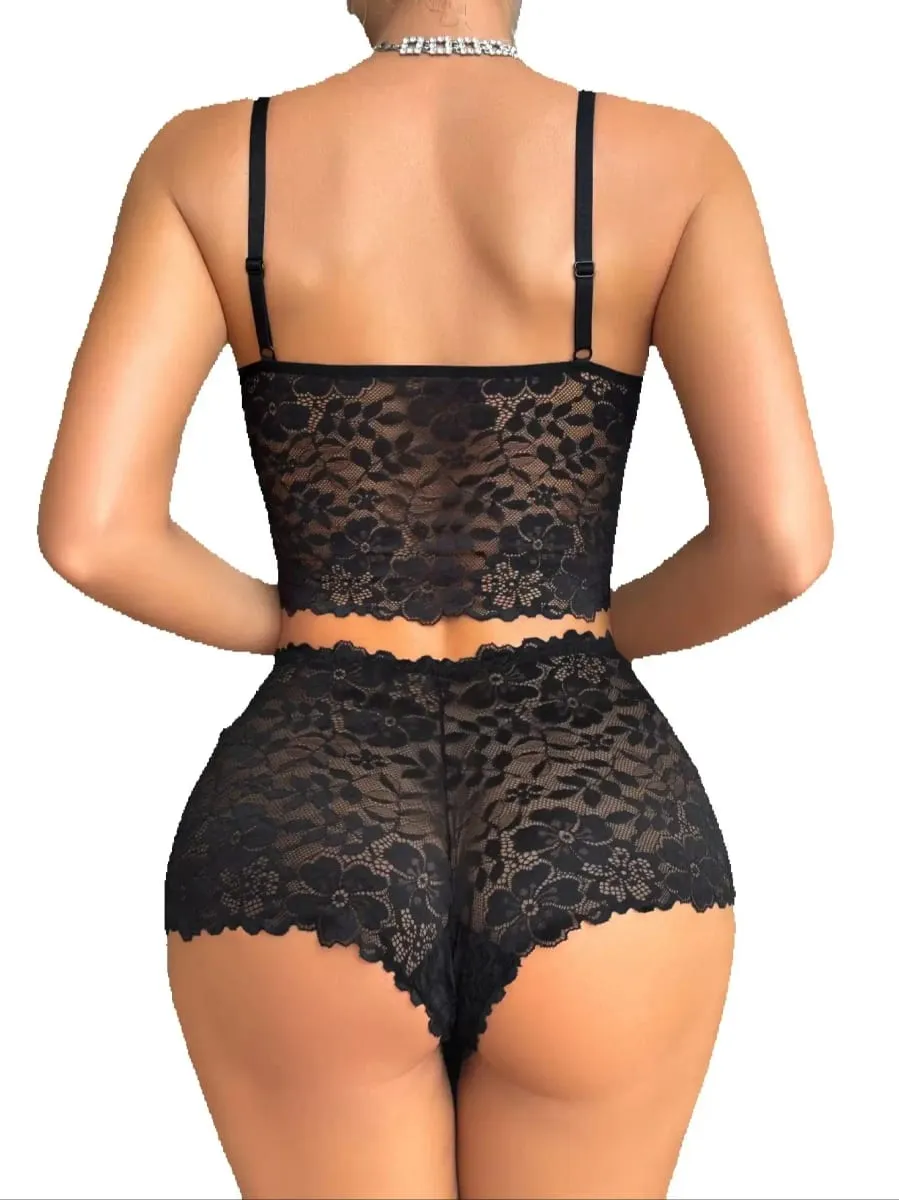 Sexy Lace Women's Underwear Set Wireless Unlined Bra Breathable Sheer Panties Solid Lingerie Set