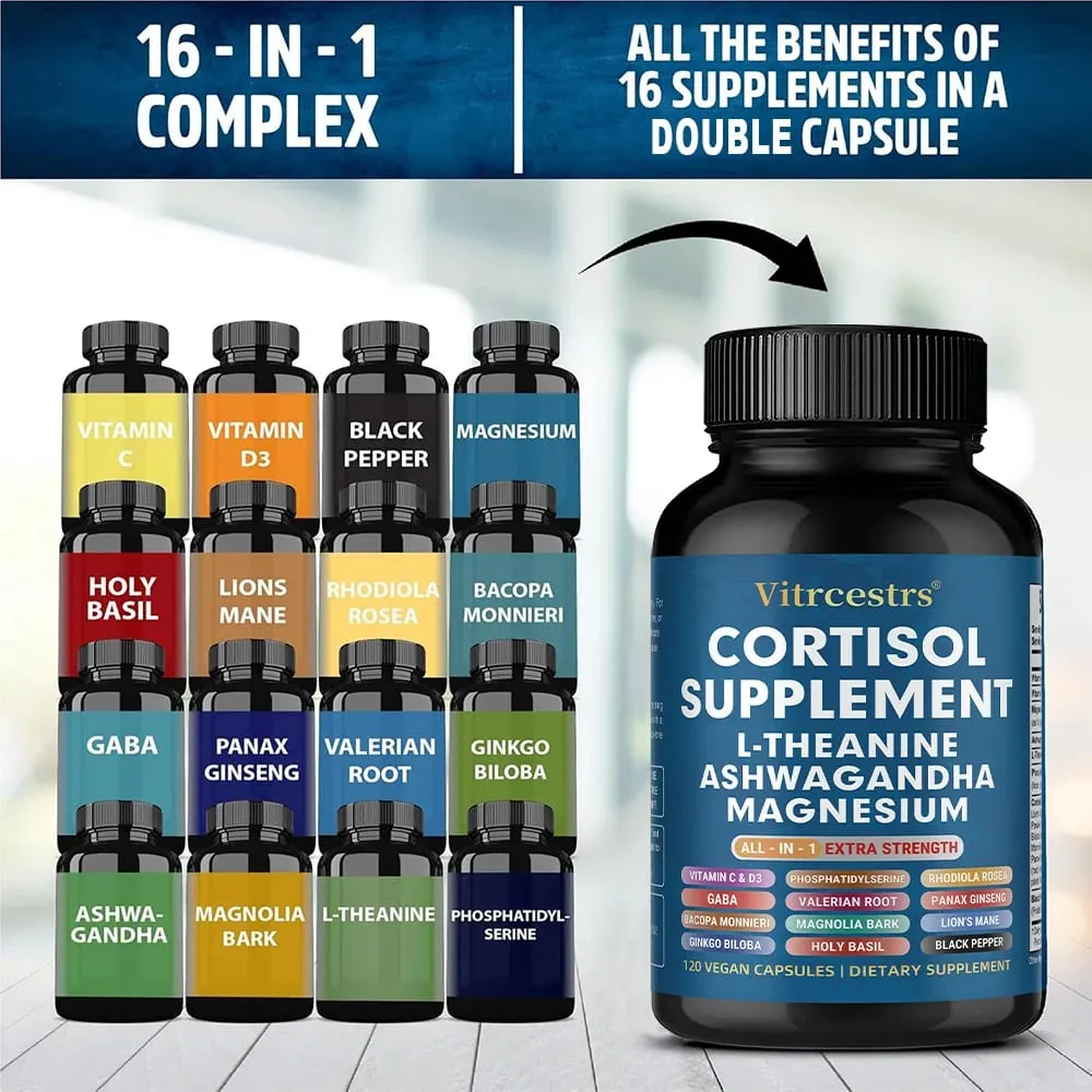 Cortisol Support Supplement - Magnesium Supports Stress Relief Calm Mood Relaxation Restful Sleep Focus & Adrenal Health