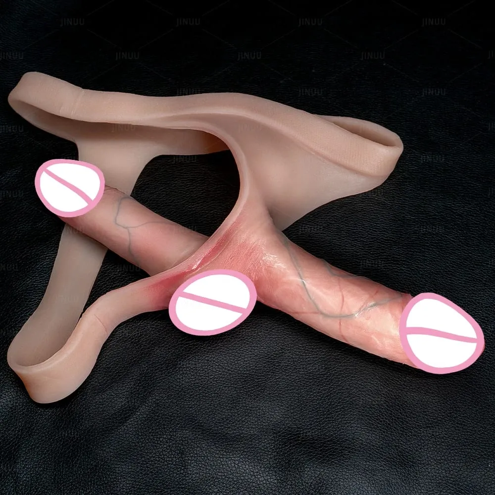 Consolador con correa de doble cabeza para parejas, pene realista de silicona portátil, pene consolador, pantalones, juguete sexual con correa para mujer