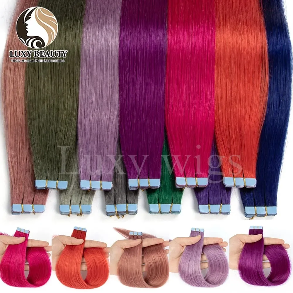 Colored Purple Mini Tape in Human Hair Extensions Invisible Seamless Tape in Hair 10pcs Pink Red Green Blue Mini Tape In Hair
