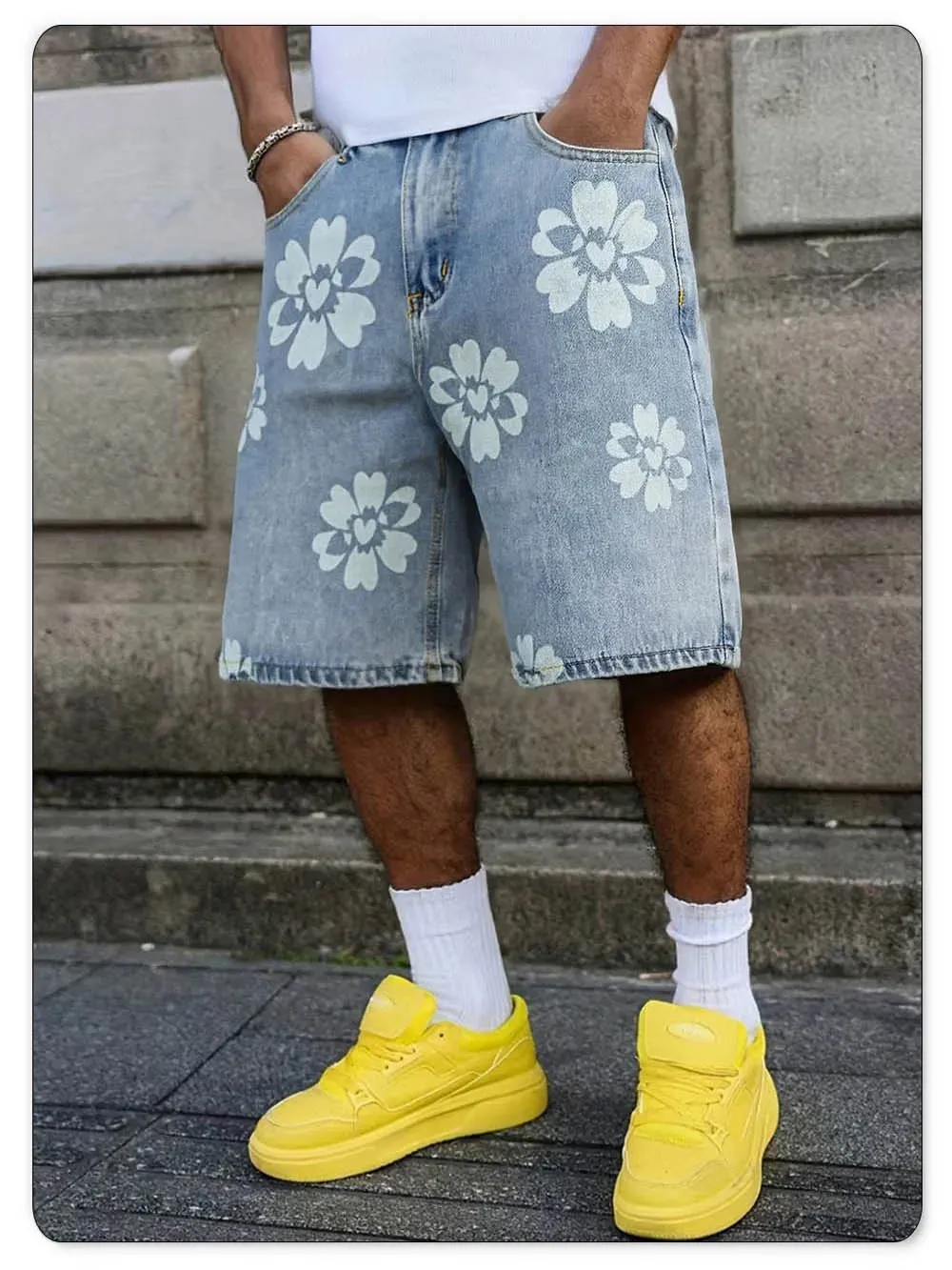 Fresh Delicate Style Flower Print Fashionable Wide Leg Men's Jeans Y2K Casual Elegant Bermuda Denim Shorts Couple Pants