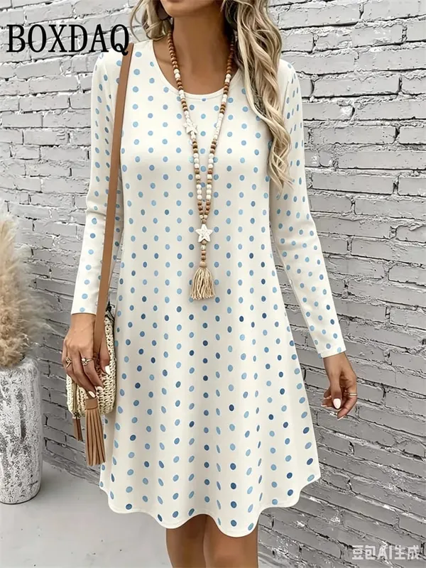 Polka Dot 3D Print Dresses For Women 2026 Autumn Fashion Long Sleeve A-Line Dress Women Casual O-Neck Loose Home Dress Vestidos