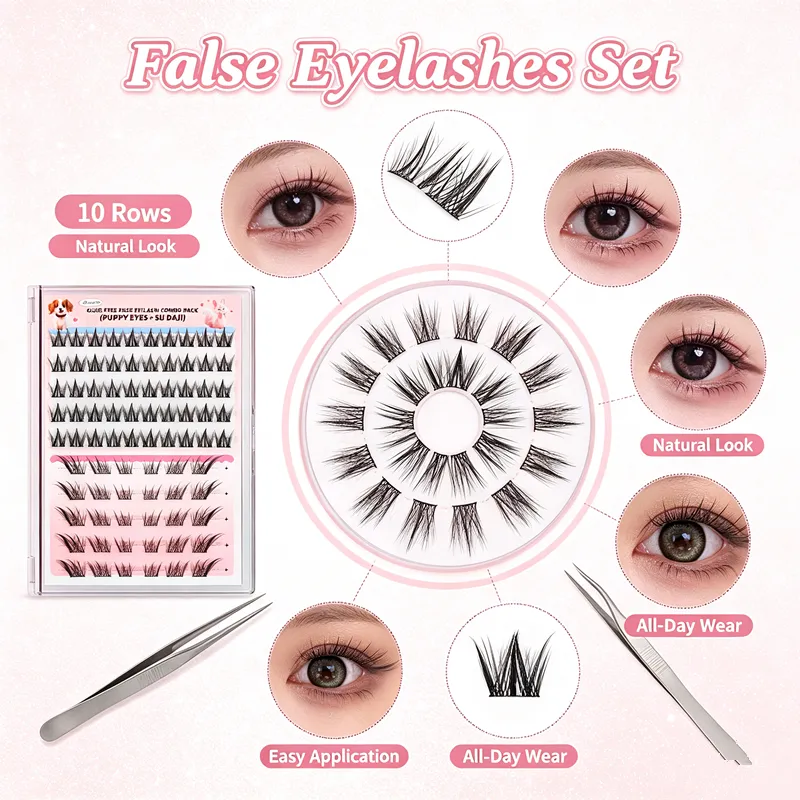 Self Adhesive Lash Clusters Combo Pack 10 Rows No Glue False Eyelashes Puppy Fox Eye Wispy Segmented Lashes for Daily Makeup