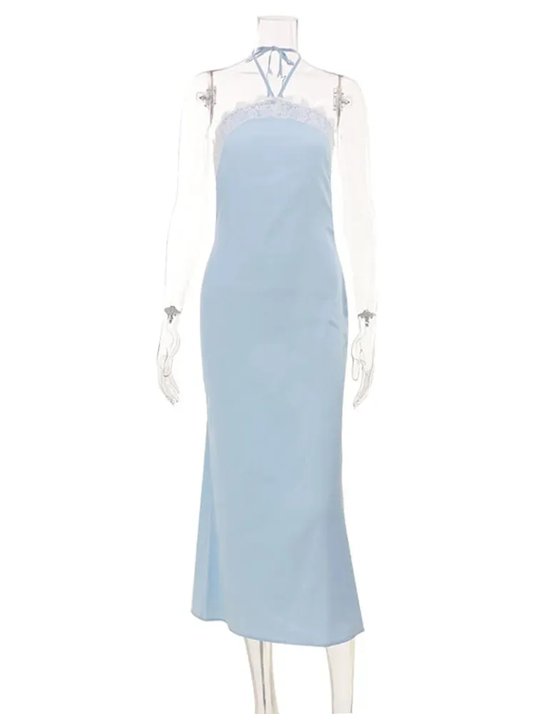 Casual Chic Bright Midi Dresses Designed For Women Street French Lace Patchwork Neck-Mounted Slim Bodycon Summer Sleeveless Soft